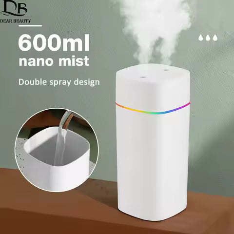 Humidificateur d'air 600ml avec diffuseur d'huiles essentielles et lumières colorées