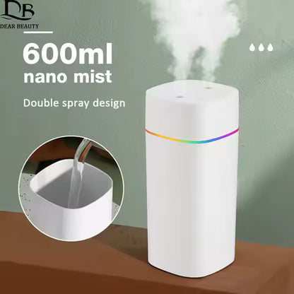 Humidificateur d'air 600ml avec diffuseur d'huiles essentielles et lumières colorées
