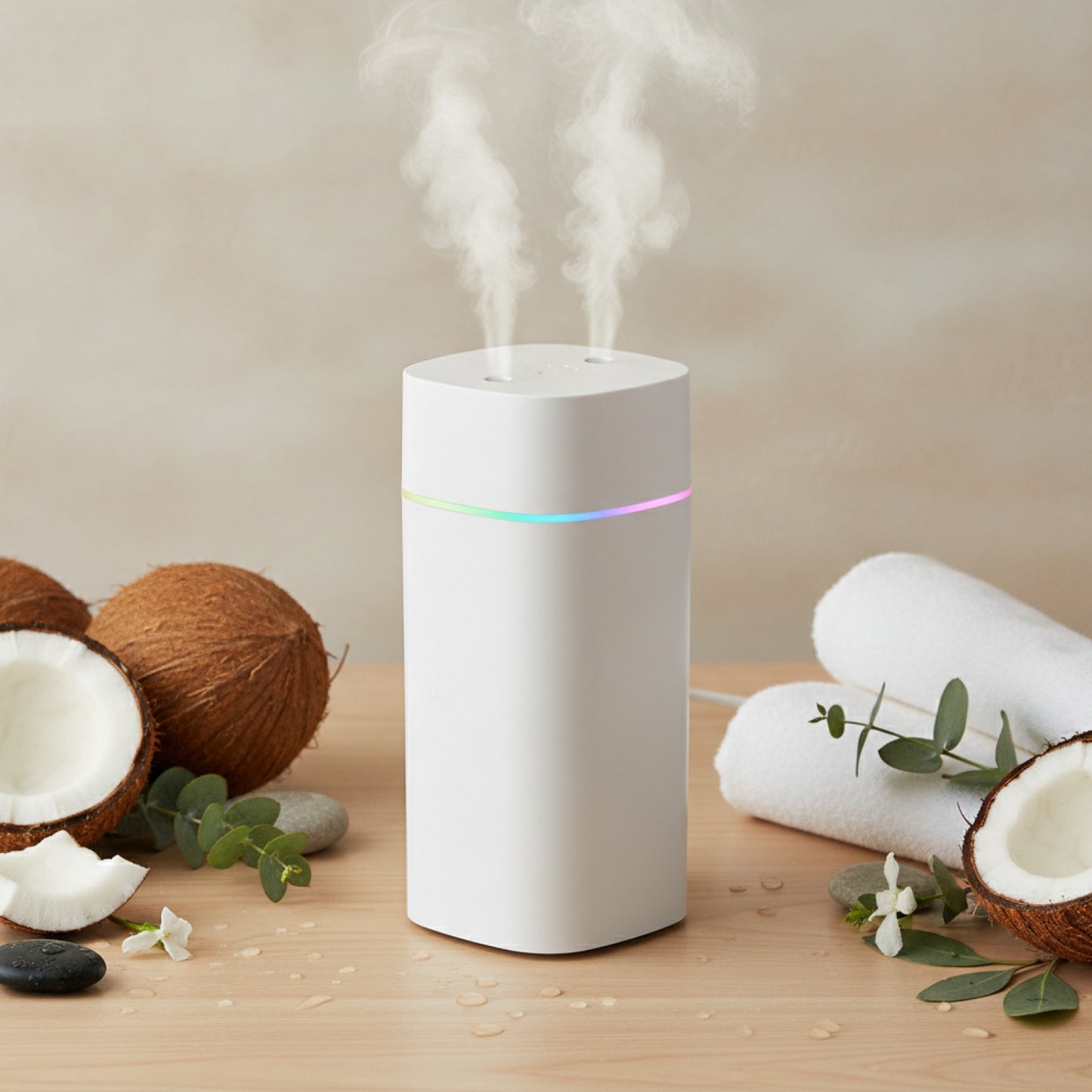Humidificateur d'air 600ml avec diffuseur d'huiles essentielles et lumières colorées