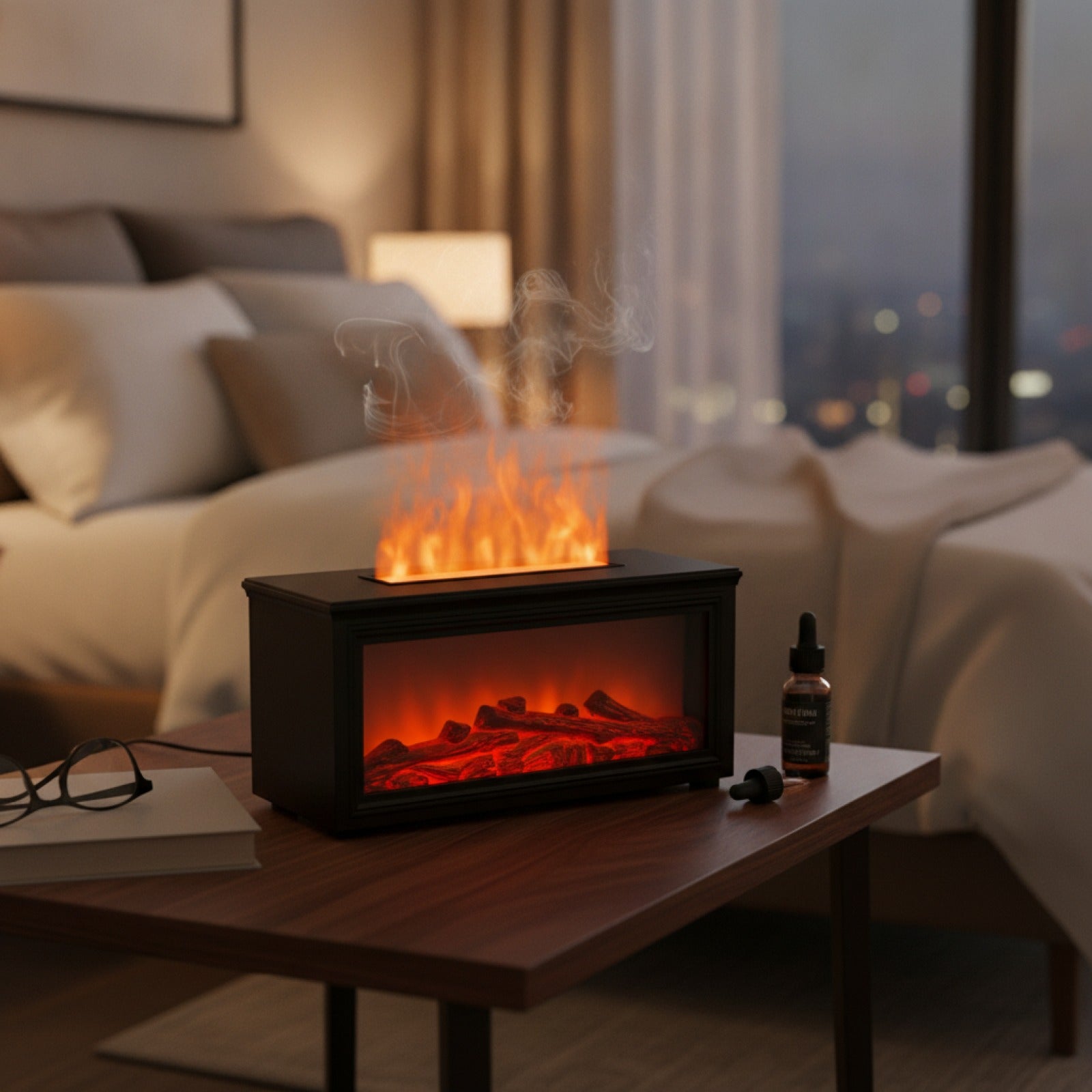 Diffuseur d'arômes effet flamme de cheminée avec humidificateur d'air ultrasonique